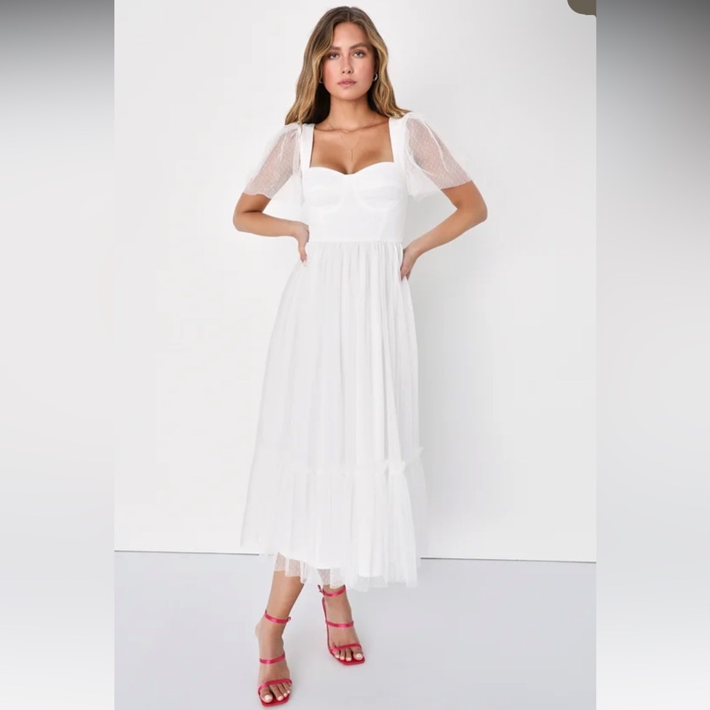 NWOT Lulus Dreamy Celebration White Tulle Bustier Swiss Dot Midi Dress
